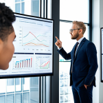 A diverse group of professional business executives in modern, modest business attire, gathered around a large interactive screen displaying complex data visualizations and charts. They are engaged in a collaborative brainstorming session, discussing strategies and formulating hypotheses with focused expressions. The office environment is bright, clean, and technologically advanced, reflecting innovation and data-driven decision-making. The scene emphasizes teamwork and intellectual curiosity. Fully clothed, appropriate content, professional, safe for work, perfect anatomy, correct proportions, natural poses, well-formed hands, proper finger count, natural body proportions, high-resolution, professional photography.