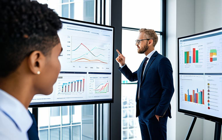 A diverse group of professional business executives in modern, modest business attire, gathered around a large interactive screen displaying complex data visualizations and charts. They are engaged in a collaborative brainstorming session, discussing strategies and formulating hypotheses with focused expressions. The office environment is bright, clean, and technologically advanced, reflecting innovation and data-driven decision-making. The scene emphasizes teamwork and intellectual curiosity. Fully clothed, appropriate content, professional, safe for work, perfect anatomy, correct proportions, natural poses, well-formed hands, proper finger count, natural body proportions, high-resolution, professional photography.