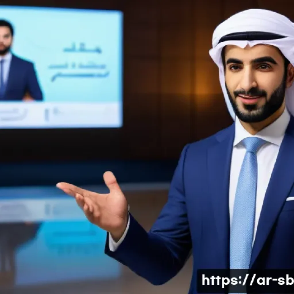 연구 결과 발표를 위한 프레젠테이션 팁 - A professional Arab male presenter in his early 30s, wearing a well-fitted dark blue business suit a...