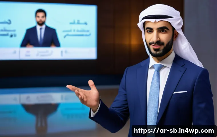 연구 결과 발표를 위한 프레젠테이션 팁 - A professional Arab male presenter in his early 30s, wearing a well-fitted dark blue business suit a...