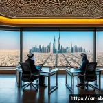 Home 21 연구 결과의 정책적 활용 - A modern Arabic government office setting where diverse policymakers, including men and women dresse...