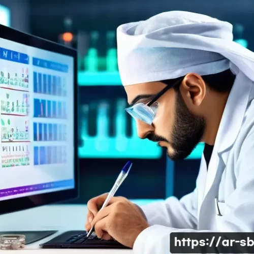 Home 31 가설 검증의 절차 - A detailed scientific laboratory scene showing an Arab male researcher in his 30s wearing a white la...