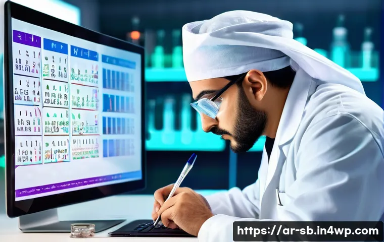 가설 검증의 절차 - A detailed scientific laboratory scene showing an Arab male researcher in his 30s wearing a white la...