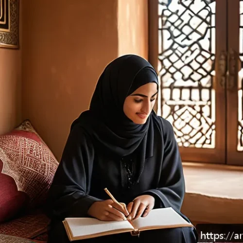 Home 29 정성적 연구 접근법의 특징 - A warm, intimate scene showing an Arab woman in traditional modest clothing, sitting comfortably in ...