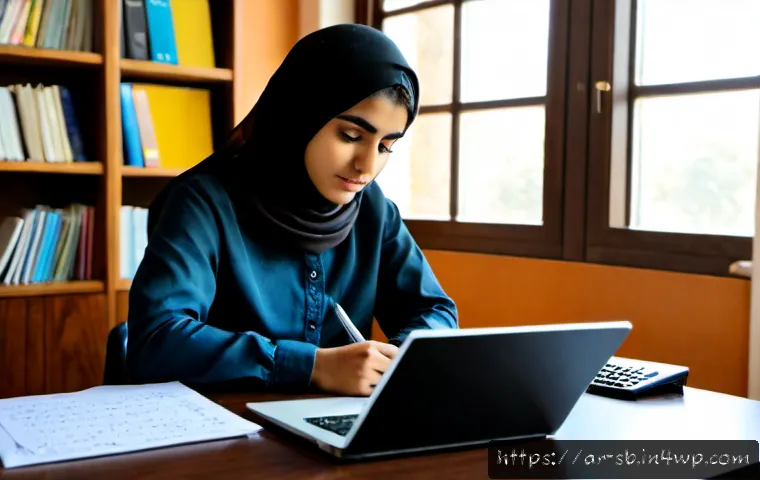 연구 진행 시 가장 흔한 실수 - Photorealistic Middle Eastern research student at a clean university desk in a sunlit modern library...