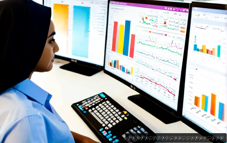효과적인 자료 분석을 위한 도구 - Photorealistic modern data analysis workspace in a bright Riyadh office, Arab female analyst in mode...